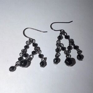 Black Silver Dangle Drop Earrings Hook Closure Beaded Round Stones Metal Jewelry